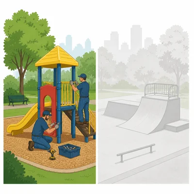 Playground equipment being repaired while a skate park option is faded.