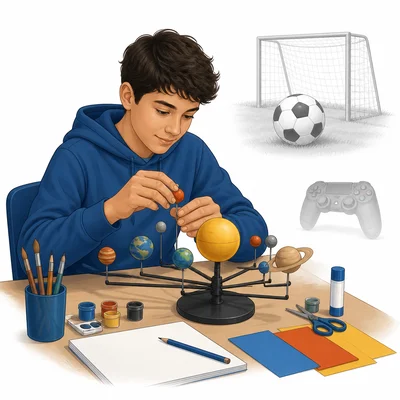 Student working on a science project with soccer and video games shown as other options.