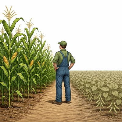 Farmer choosing a corn field while a soybean field is shown as the alternative.