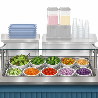 Cafeteria salad bar shown as chosen while a smoothie machine is faded.