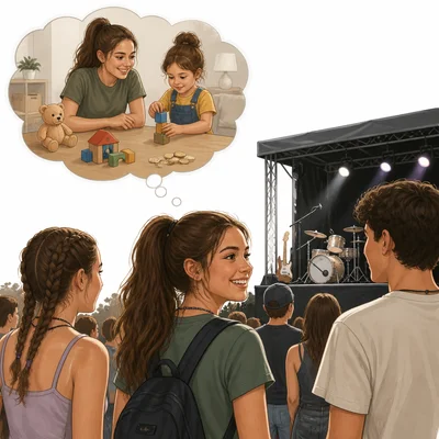 Teen at a concert while a babysitting job with coins is shown as the alternative.
