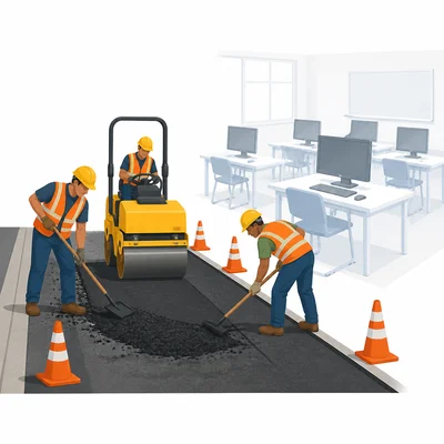 Road repairs highlighted while school computers are shown as the alternative.