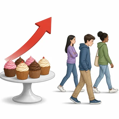 Customers walk away from cupcakes after the price goes up.