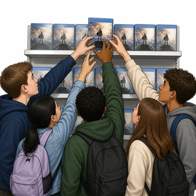 Many shoppers reach for a popular video game on a store shelf.