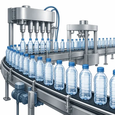 A factory conveyor belt produces many water bottles.