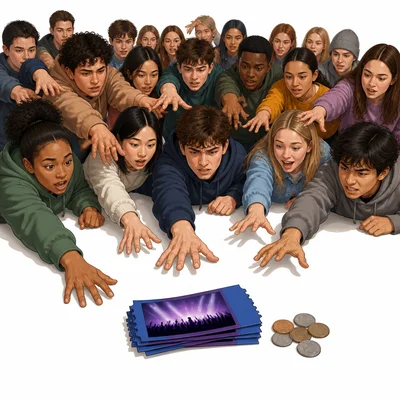 A large crowd wants a small stack of concert tickets with coins nearby.