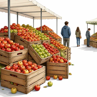 Overflowing crates of apples sit at a market with few shoppers.