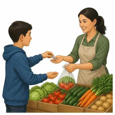 A vendor and customer exchange coins and goods at a market stall.