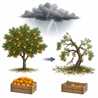 A storm damages orange trees, leaving fewer oranges to sell.