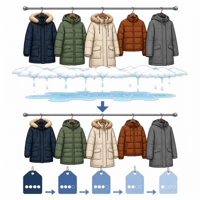Winter coats hang on a rack as snow melts and prices drop.