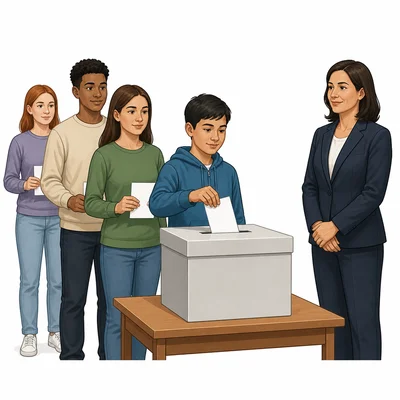 Voters place ballots in a box while an elected leader stands nearby.