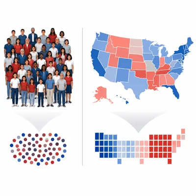 A diagram contrasts individual voters with a U.S. map showing state-based electoral votes.