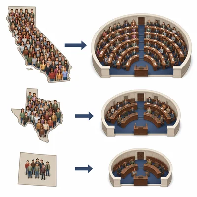 States with different populations show different amounts of representation.
