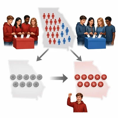 A state’s electoral tokens all go to the candidate with more votes in that state.