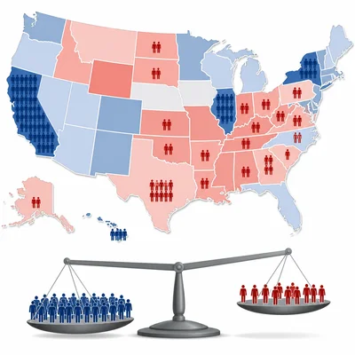 A map shows many popular votes in some states but more electoral support spread across other states.