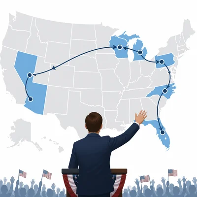 A candidate’s campaign route focuses on highlighted swing states.