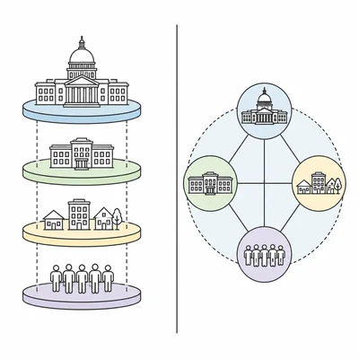 Side-by-side visual of separated layers and blended cooperation in federalism models.