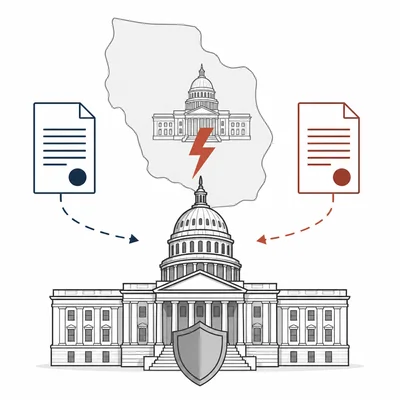 Illustration of a conflict between federal and state law with federal authority in front.