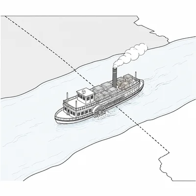 Steamboat carrying goods across a state boundary on a river.