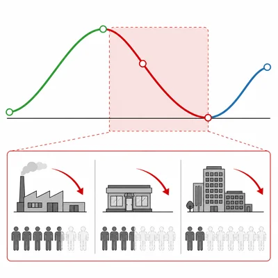 Business cycle diagram highlighting the declining phase with visual signs of rising unemployment.