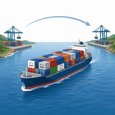 A container ship transports electronics across the ocean between ports.