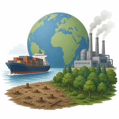 Global shipping and manufacturing shown with smoke, cleared trees, and healthy trees.