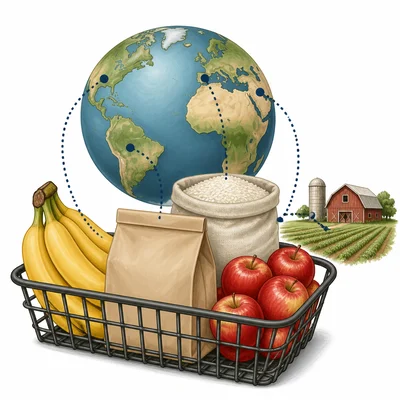 A grocery basket of foods connected to both distant places and a nearby farm.