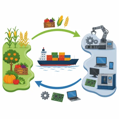 Two regions exchange food, machinery, and electronics using trade routes.