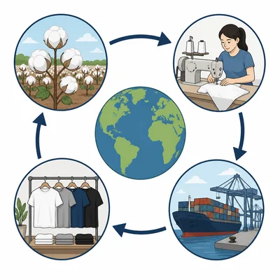 A T-shirt supply chain showing cotton, sewing, shipping, and a store connected around a globe.