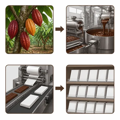 A chocolate supply chain from cacao pods to factory, packaging, and store shelf.