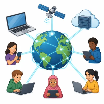 Devices and people connected around a globe by internet lines.