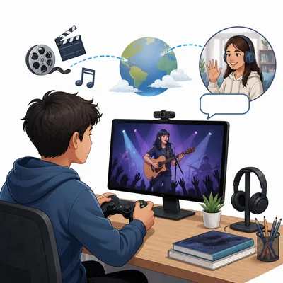 A student connects globally through music, gaming, and online chatting.