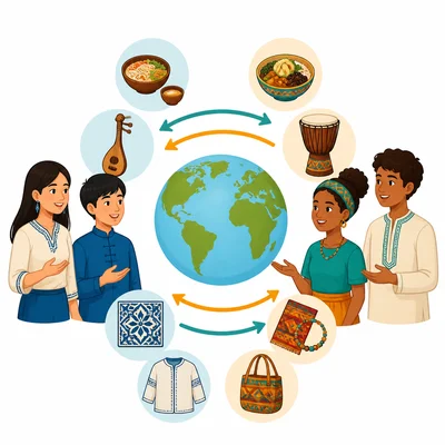 People around a globe exchange food, music, art, and clothing to show cultural diffusion.