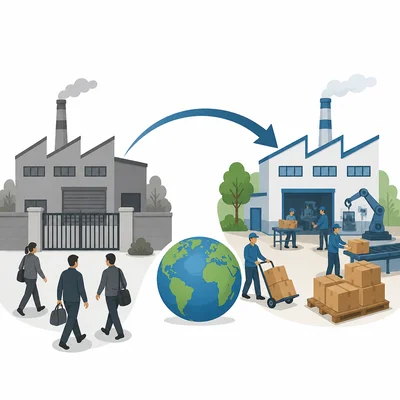 A factory closes in one place and opens in another, shown with an arrow over a globe.