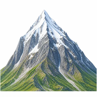 A tall mountain with steep sides and a snowy peak.