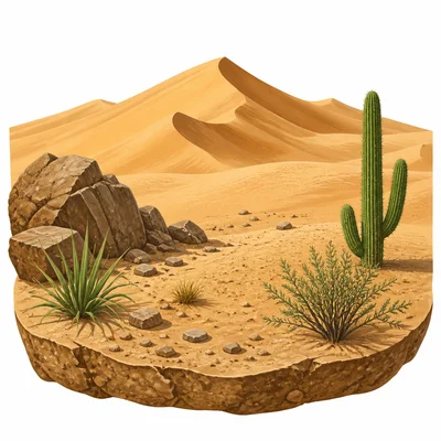 A dry desert with sand dunes, rocks, and sparse plants.