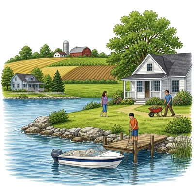 People and homes near water with a dock, boat, and fields.