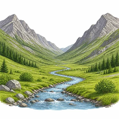 A low valley between mountains with a stream running through it.