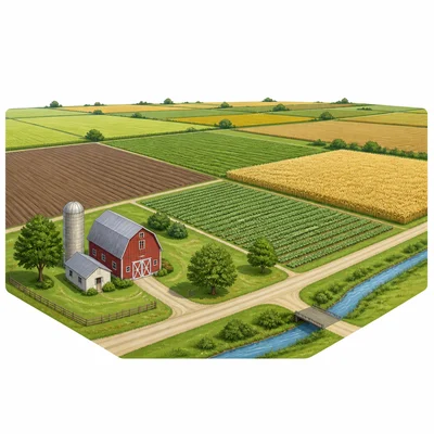 Flat plains with crop fields and a small farm building.