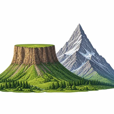 A flat-topped plateau next to a pointed mountain.