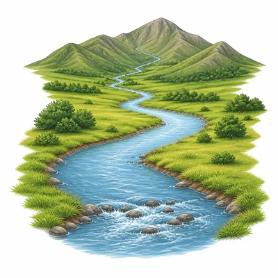 A winding river flowing from hills through grassy banks.