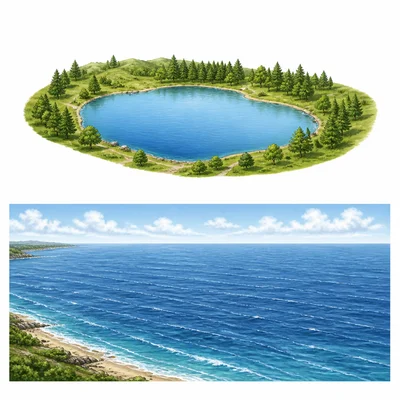 A small lake surrounded by land compared with a wide ocean.