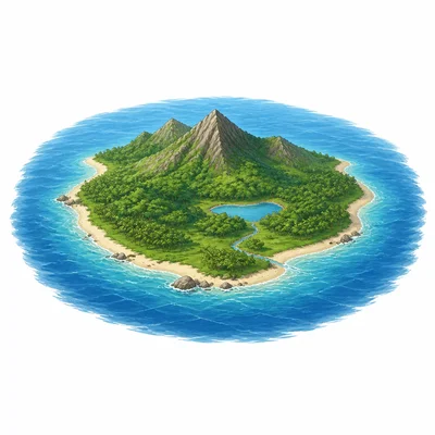 An island surrounded on all sides by water.