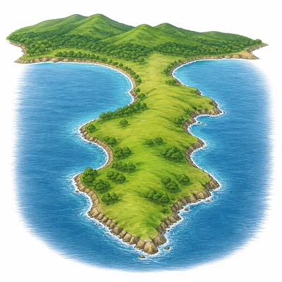 A peninsula connected to mainland with water on most sides.