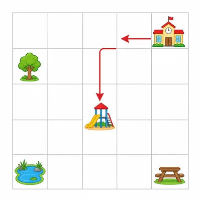 A grid map shows a path from a school one space left and two spaces down to a playground.
