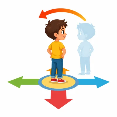 A child turns around from facing right to facing left.