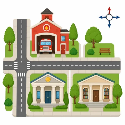 A fire station is above a bank and to the left of a library on a neighborhood map.