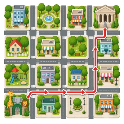 A grid map shows a route from a zoo three blocks east and two blocks north to a museum.