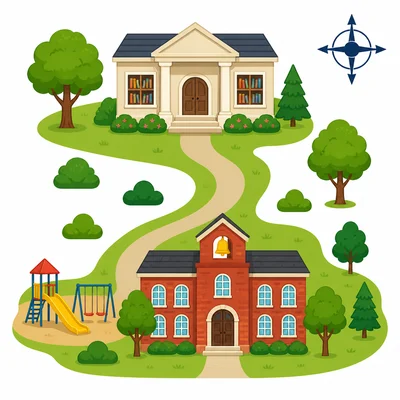 A library is shown above a school on a simple neighborhood map.