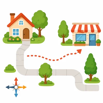 A path leads from a house on the left to a store on the right.